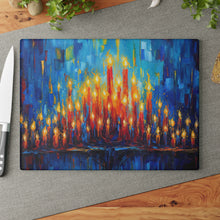 Load image into Gallery viewer, Tempered Glass Tray - perfect for your Hannukah Menorah drip tray or as a Challah Serving/Cutting Board, colorful candle design