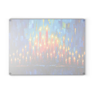 Tempered Glass Tray - perfect for your Hannukah Menorah drip tray or as a Challah Serving/Cutting Board, colorful candle design