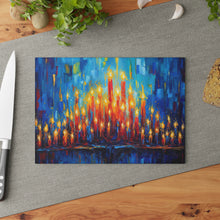 Load image into Gallery viewer, Tempered Glass Tray - perfect for your Hannukah Menorah drip tray or as a Challah Serving/Cutting Board, colorful candle design