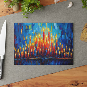 Tempered Glass Tray - perfect for your Hannukah Menorah drip tray or as a Challah Serving/Cutting Board, colorful candle design