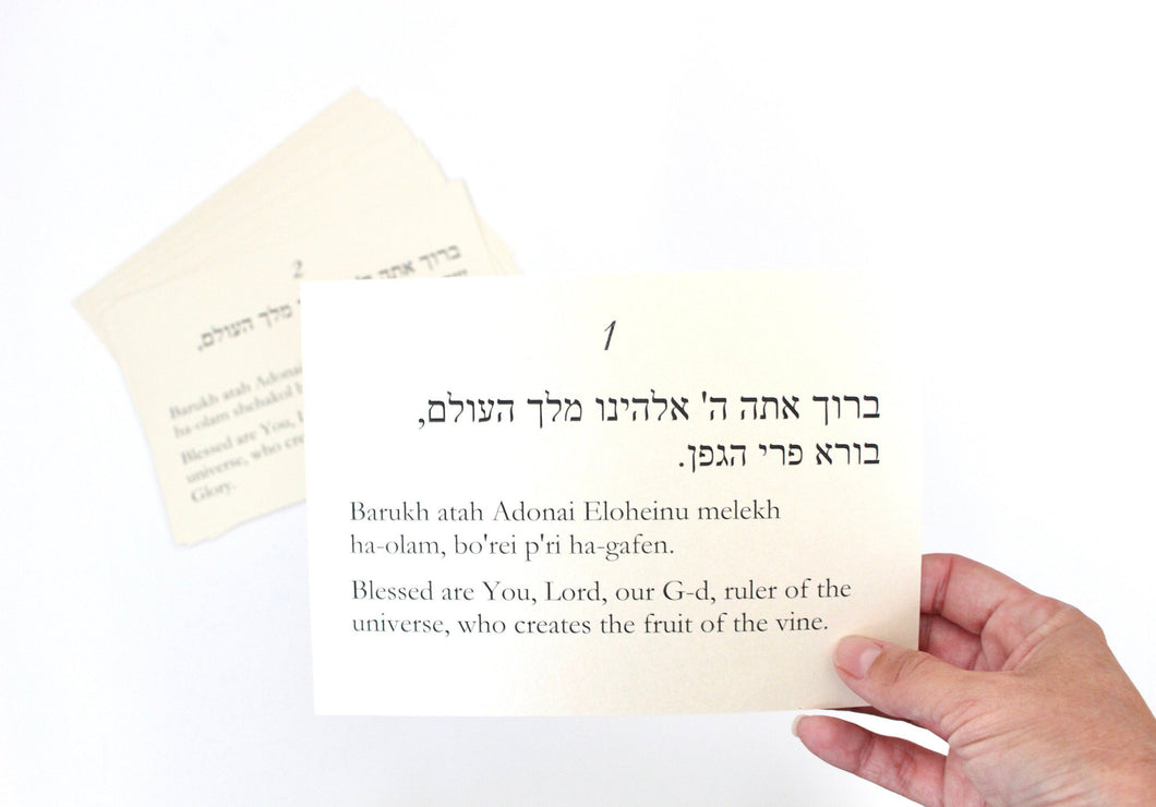 Sheva Brachot/Seven Blessings Cards for Jewish Wedding Ceremony: Hebrew, transliteration, and English