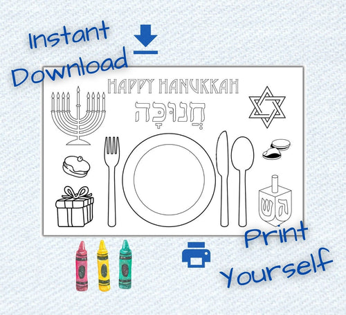 Happy Hanukkah placemat for coloring, download and print activity for the kids during the jewish holiday 1
