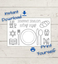 Load image into Gallery viewer, Shabbat placemat for coloring, download and print as an activity for the kids during the Sabbath holiday