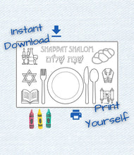 Load image into Gallery viewer, Shabbat placemat for coloring, download and print as an activity for the kids during the Sabbath holiday