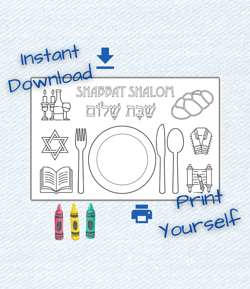 Shabbat placemat for coloring, download and print as an activity for the kids during the Sabbath holiday