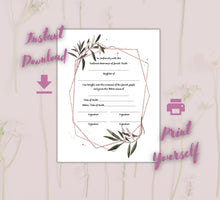 Load image into Gallery viewer, Download Jewish Baby Naming Certificate for Simchat Bat, Brita, Zeved habat, ready to print and fill out during ceremony