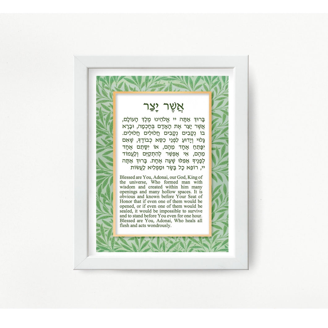 Jewish Prayer Health Healing -Asher Yatzar- Wall Print Blessing, Hebrew and English Leaves Design