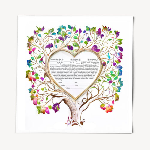 Ketubah -Colorful Tree of Life Heart Watercolor, Fast Shipping, budget friendly, for Jewish Wedding